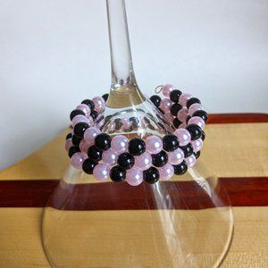 Black and pink faux pearl beaded memory wire bracelet